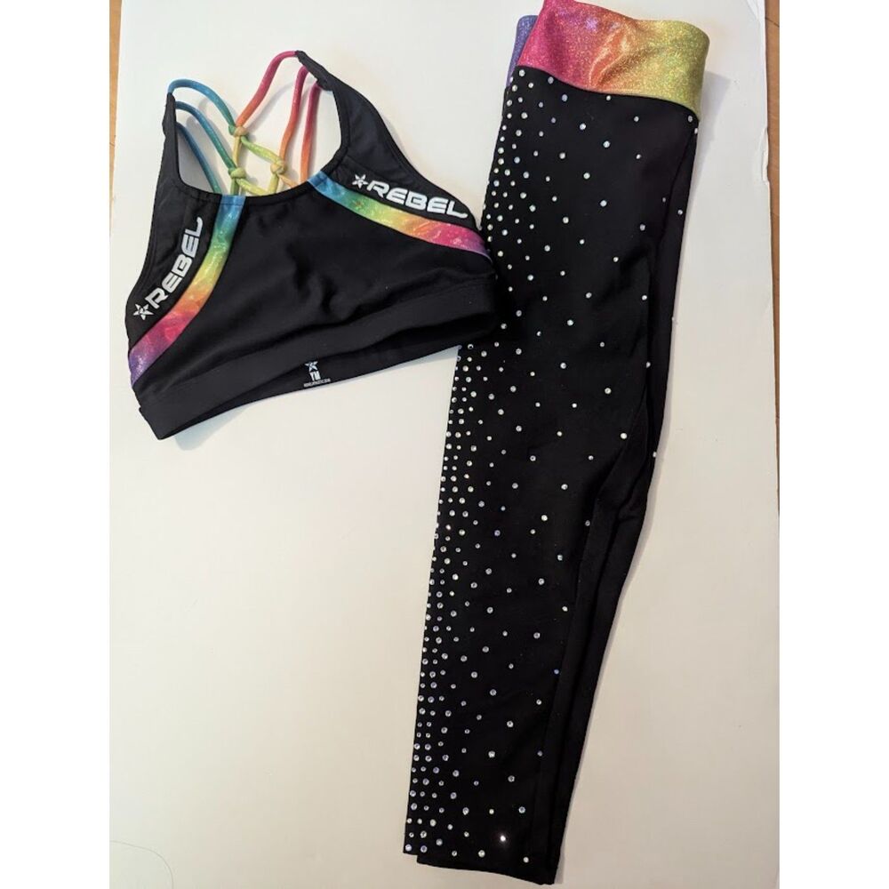 Rebel Athletic x Miss America Collaboration YM rainbow bra crop leggings cheer d